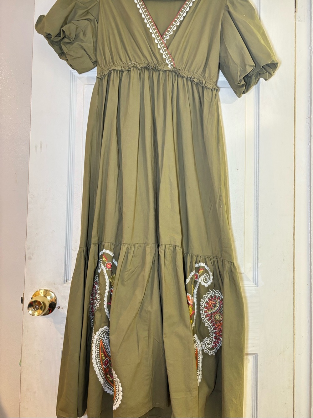 Olive Green Embroidered Maxi Dress with Puff Sleeves